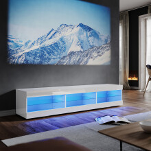 (High Gloss White) Elegant 180cm TV Unit with LED Lights, High Gloss TV Stand with 6 Open Storage Compartments & Glass Shelves, Modern Lowboard