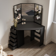 (Black) Elegant Corner Dressing Table with 3 Mirrors & 5 Drawers, Vanity Table with Side Shelves, 111 x 78.5 x 141.5cm