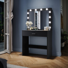 (Black) Elegant LED Dressing Table with Mirror, 12 Bulb Lights, Compact Vanity Makeup Table with Drawer Storage, Modern Space Saving Bedroom Furniture
