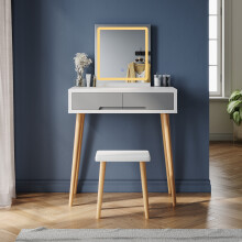 Elegant LED Dressing Table with Mirror and Stool, Touch Control Vanity Desk with Adjustable 3 Colour Lighting, 2 Drawer Makeup Table for Bedroom