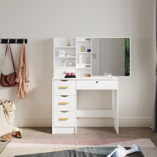 Elegant White Dressing Table with Sliding Mirror Cabinet, Lockable Drawer & 4 Drawers, Vanity Table with Open Shelves, 90 x 38 x 132cm