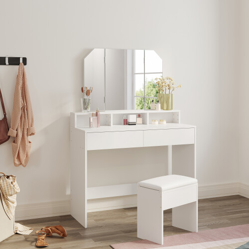 ELEGANT (Dressing Table with Stool) Elegant White Dressing Table with Tri-Fold Adjustable Mirror, Makeup Vanity Desk with Storage Compartments & Drawers
