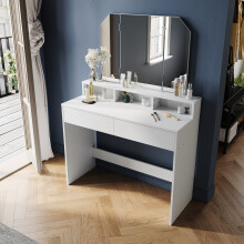 (Dressing Table Only) Elegant White Dressing Table with Tri-Fold Adjustable Mirror, Makeup Vanity Desk with Storage Compartments & Drawers