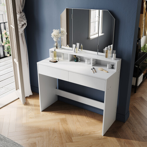 ELEGANT (Dressing Table Only) Elegant White Dressing Table with Tri-Fold Adjustable Mirror, Makeup Vanity Desk with Storage Compartments & Drawers