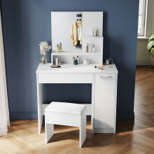 (Dressing Table with Stool) White Dressing Table with Mirror, Drawer & Storage Cabinet, Vanity Desk with Open Shelves, Makeup Table, 90 x 40 x 136cm