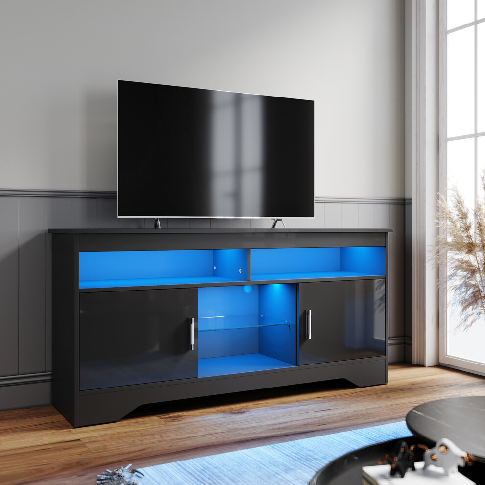 Elegant (High Gloss Black) 135Cm Tv Unit With Led Lights, High Gloss Tv Stand With Open Storage, Side Cabinets & Glass Shelf, Modern Tv Cabinet