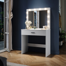 (White) Elegant LED Dressing Table with Mirror, 12 Bulb Lights, Compact Vanity Makeup Table with Drawer Storage, Modern Space Saving Bedroom Furniture