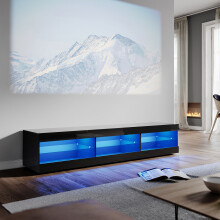 (High Gloss Black) Elegant 180cm TV Unit with LED Lights, High Gloss TV Stand with 6 Open Storage Compartments & Glass Shelves, Modern Lowboard