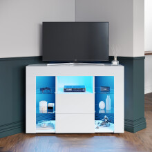 (High Gloss White) Elegant 100cm Corner TV Unit with RGB LED Lighting, High Gloss Finish, Tall TV Cabinet with Tempered Glass Shelves & Storage