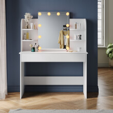 (White) Elegant Dressing Table with Mirror & LED Lights, Vanity Desk with Side Shelves, Large Drawer with 3 Compartments, MFC