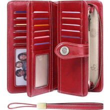 Women's Leather Wallet, RFID Blocking Coin Purse, Checkbook Holder, Card Holder for 24 Cards, Zipper Closure, Red