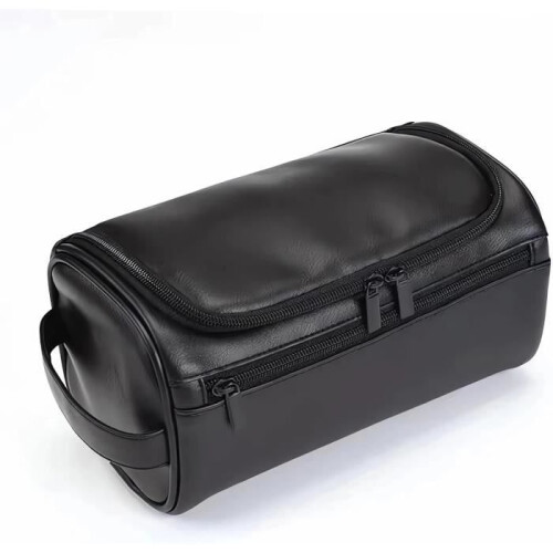 Toiletry Bag - Men's - Leather - Waterproof - Large Capacity - Black