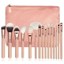 15-Piece Makeup Brush Set: Eye Brush, Loose Powder Brush, Foundation Brush with Storage Bag, Pink