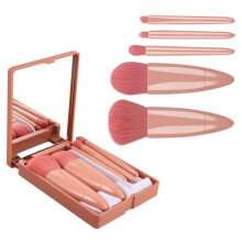 Set of 5 makeup brushes with mirror box, soft makeup brushes, powder foundation brush (pink)