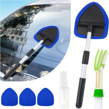 Multi-purpose car window cleaning kit: 4 sets of cloths, spray bottle and adjustable cleaning brush