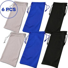6-teiliges Set – Brillenetuis aus Mikrofaser, 18 x 9 cm – blau, schwarz, grau – doppelter Kordelzug – für Brillen, Handys, Kopfhörer
