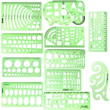 11-teiliges geometrisches Zeichenschablonen-Messlineal, transparentes grünes Kunststofflineal mit Tragetasche