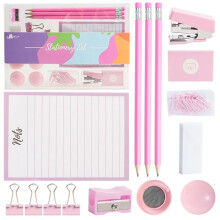 Set regalo per bambini contenente matita, quaderno, cucitrice, fermagli per rilegatura, gomma e temperamatite - Rosa