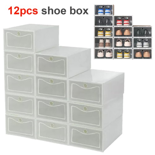 12X Plastic Shoe Storage Boxes Drawer Stackable Foldable Organiser Clear Duarble