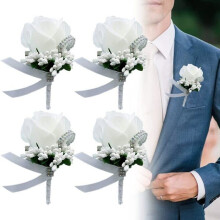 Set di 4 bottoni da sposa con rose bianche, boutonnière con rose, corsage da polso da sposa fatto a mano