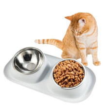 Double Stainless Steel Pet Bowl for Dogs, Cats, and Puppies - 15 Slanted Double Bowl - Non-Slip and Spill-Proof - Gray
