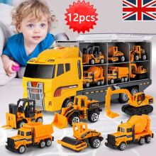 11 in 1 Construction Vehicles Toy Set Digger Dump Truck Tractor Trailer Gift UK