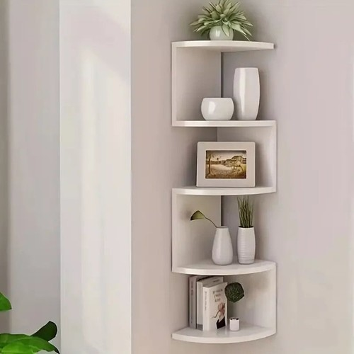White 5 Tier Floating Corner Shelf Wooden Storage Display Rack Unit Wall Mounted
