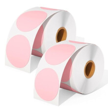 Pack of two round pink thermal labels, 1200, 2 x 2 inch round self-adhesive labels, shipping labels