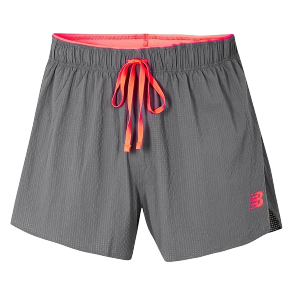 New Balance (S R, Grey/Red) Mens Race Day Curved Hem Running Shorts