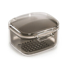 Denture cleaning box with basket, storage tray and small brush, appliance removal tool, black