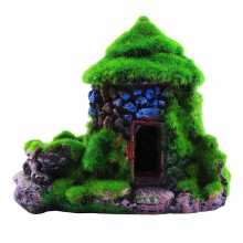 Décorations d'aquarium : cachette pour poissons, maison et grotte avec mousse verte réaliste, (B)