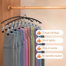 Pack of 2 Trouser Hangers Space-Saving W/ Non-Slip 10 Clips For Trousers Skirts