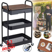 3Tier Storage Trolley on Wheels Rolling Cart w/Drawer & Wood Top Kitchen Storage