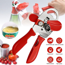 UNIVERSAL HANDHELD CAN TIN OPENER RED STAINLESS STEEL with Soft Handle 4 IN 1