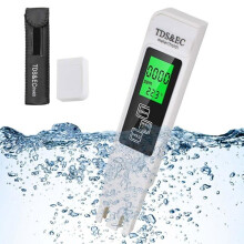 3-in-1 waterkwaliteitsmeter met lcd-scherm en thermometer om de kwaliteit en temperatuur van drinkwater te meten.