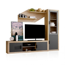 Salón modular con gran capacidad de almacenaje en cambria y grafito 240 cm Nuka V4