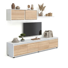 Salón con mueble de TV y estantería en blanco artik y roble canadian 200 cm Arlet