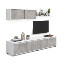 Salón con mueble de TV y estantería en blanco artik y gris cemento 200 cm Arlet