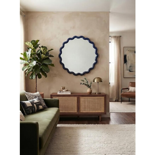 Round Wavy Wall Mirror Blue Plastic Framed 50Cm D