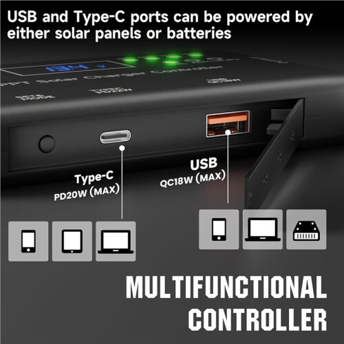 2X MPPT Solar Charge Controller 12V 10A, Solar Panel Charge Controller with Type-C and USB Output for AGM, LiFePO