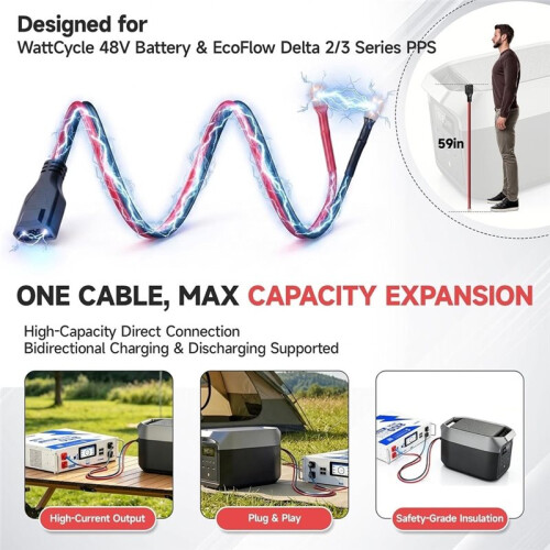 Extra Battery Cable 59in,50A Extension Cable for  Delta 2, Delta 2 Max, Delta 3, Delta 3  & Wave 3 2