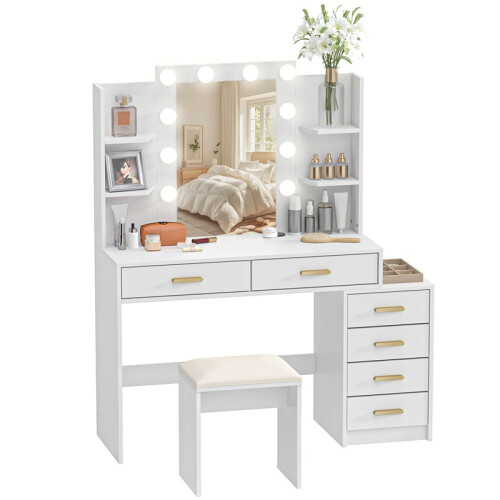 Ensemble coiffeuse avec miroir LED, tabouret et rangement