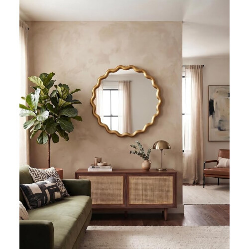 Round Wavy Wall Mirror Gold Plastic Framed 50Cm D