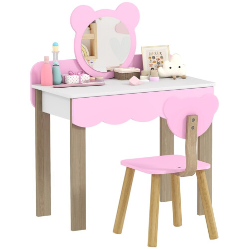 Kids Dressing Table Set with Stool Bear Mirror Pink