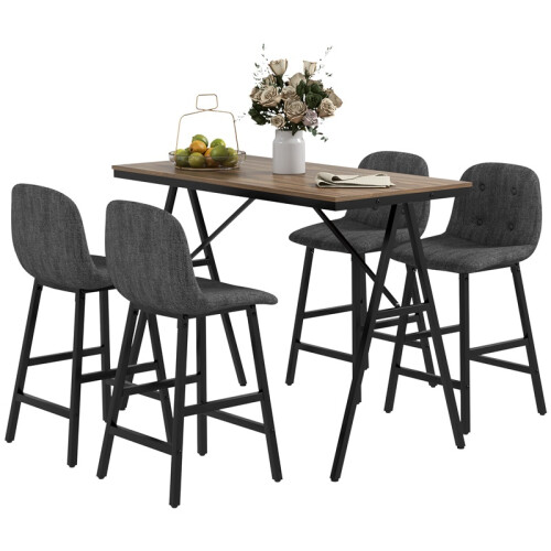 5-teiliges Bar-Set mit Tisch und Stühlen, Leinenbezug, Grau