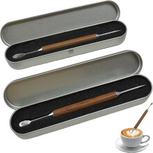 2 Pack Dual-Ended Latte Art Pen, Stainless Steel Coffee Tool with Wooden Handle