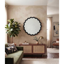 Round Wavy Wall Mirror Black Plastic Framed 50Cm D