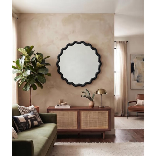 Round Wavy Wall Mirror Black Plastic Framed 50Cm D
