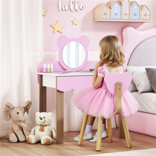 Kids Dressing Table Set with Stool Bear Mirror Pink 2
