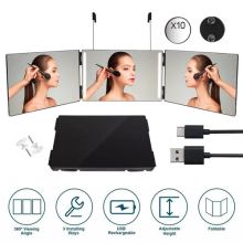 3 Way Mirror Folding LED Lights Makeup Mirror Adjustable Height Distortion Free